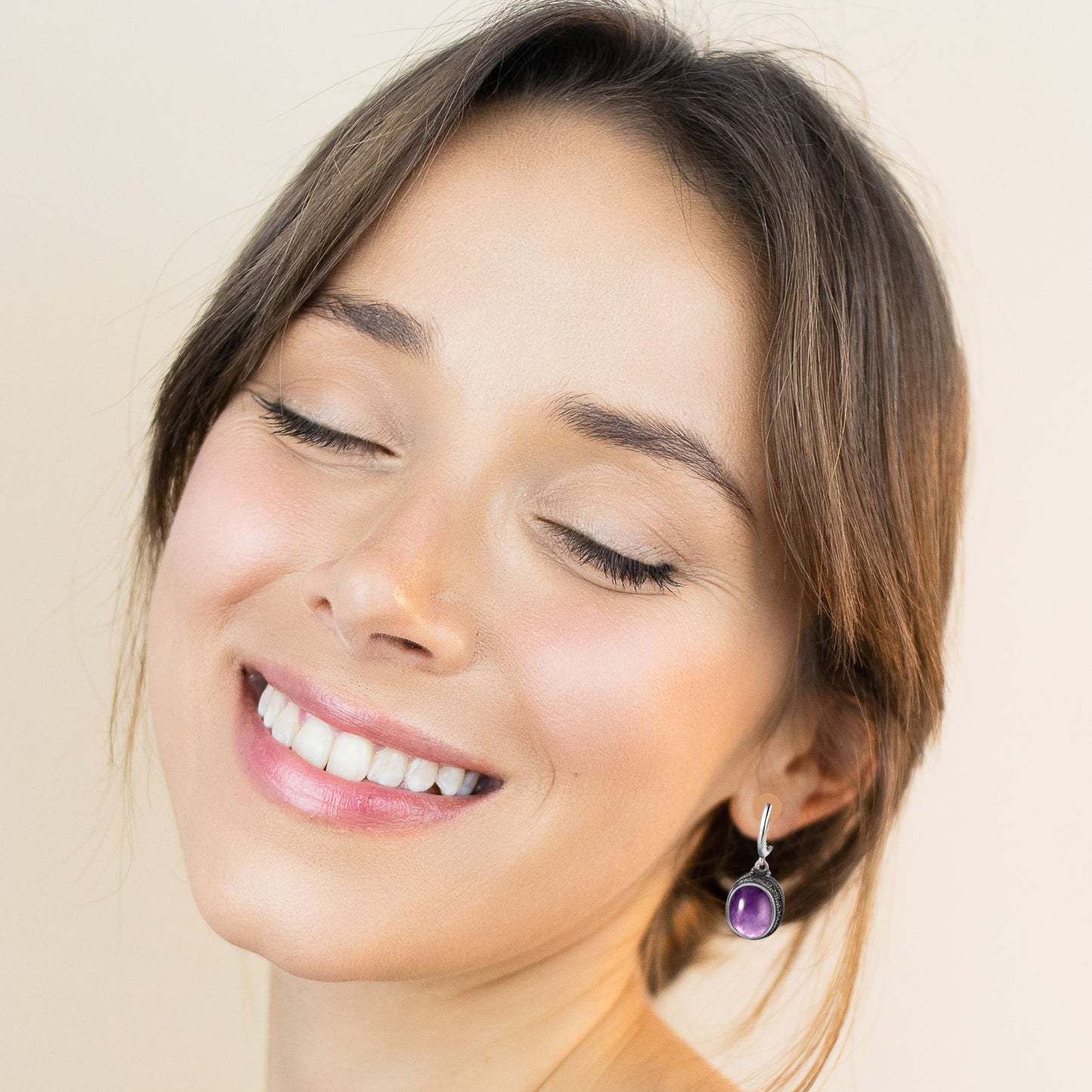 Wearing the amethyst antique style earrings in Stirling silver 925