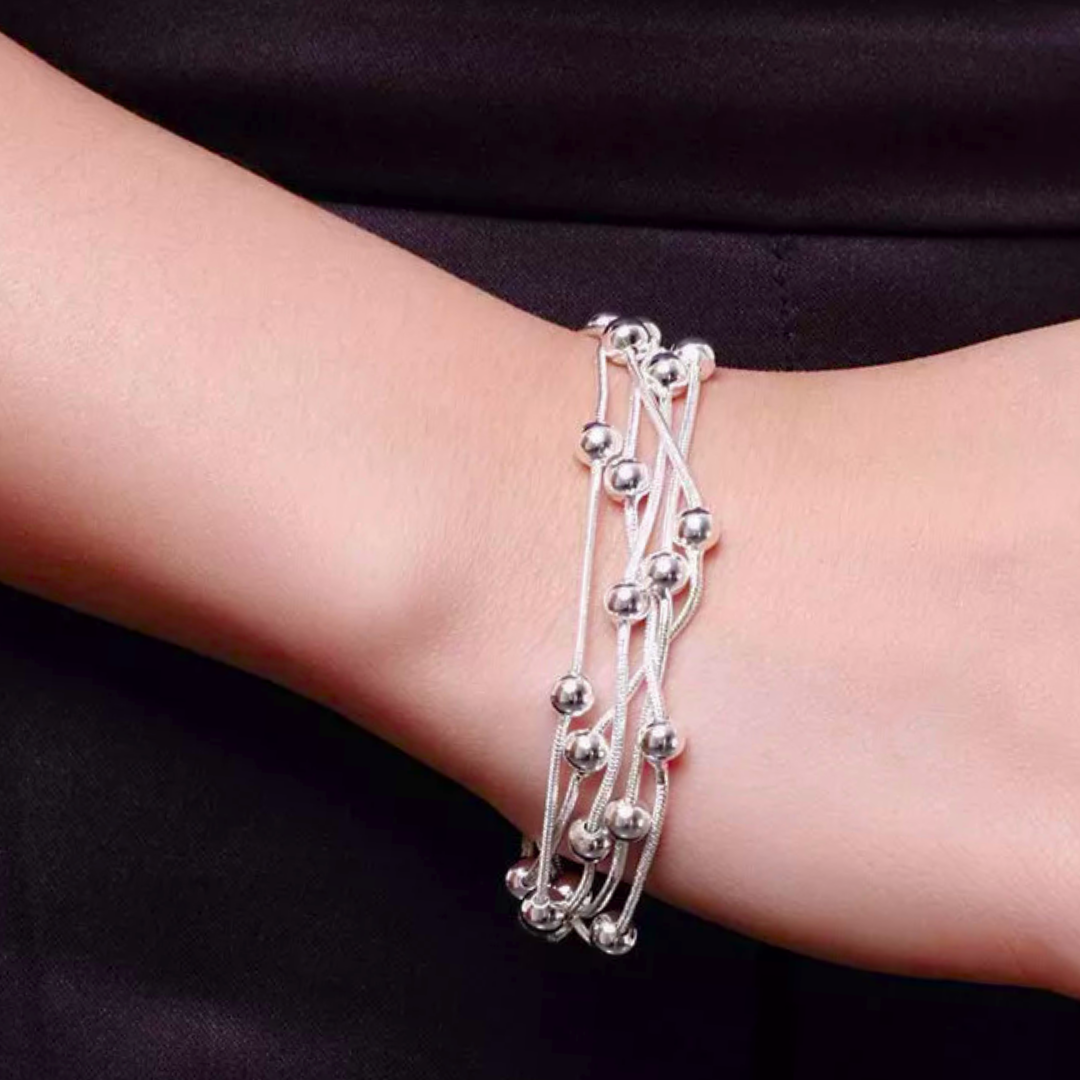 Wearing the Cascading Bead Bracelet 925 Sterling Silver Front View