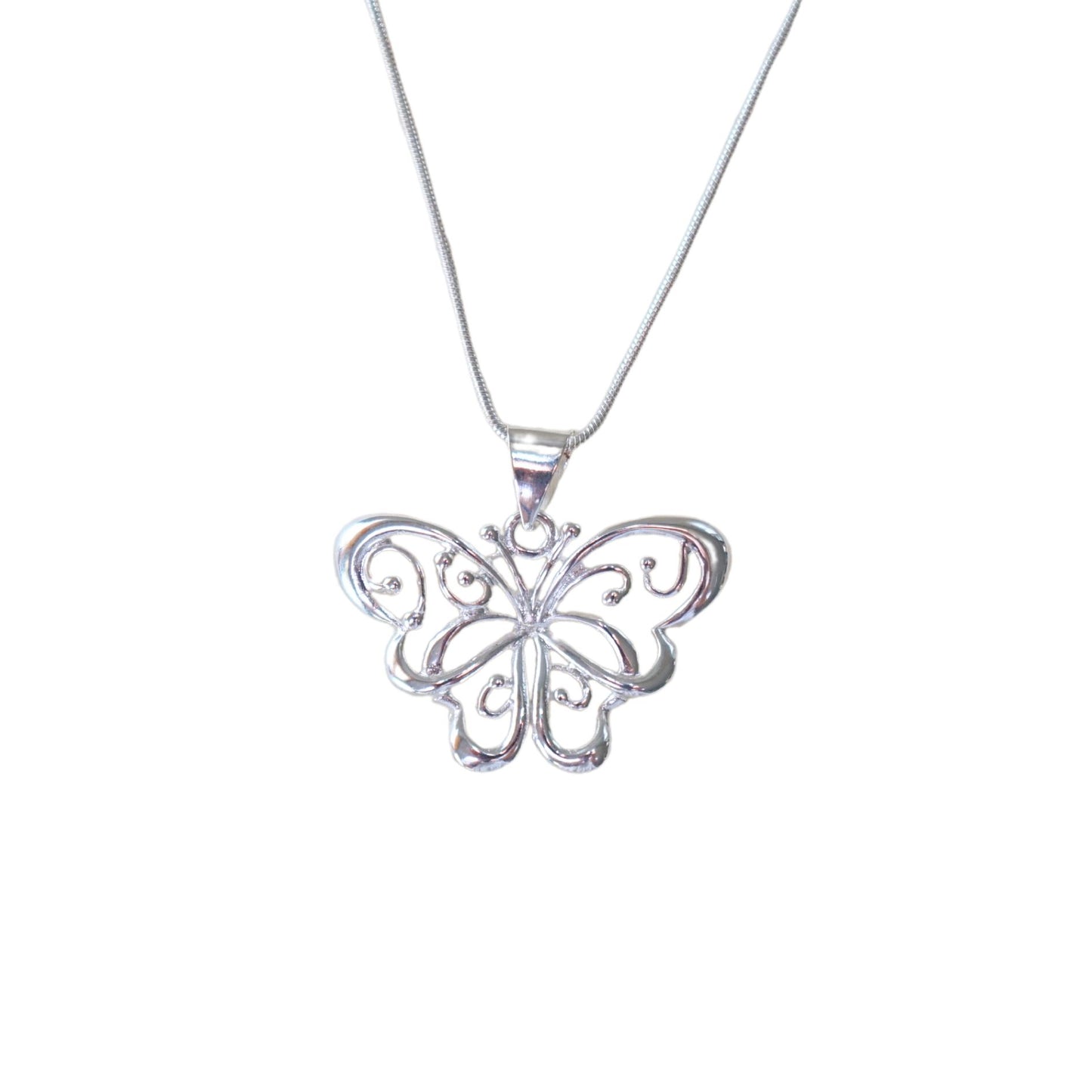 Butterfly removable pendant and necklace in sterling silver front view