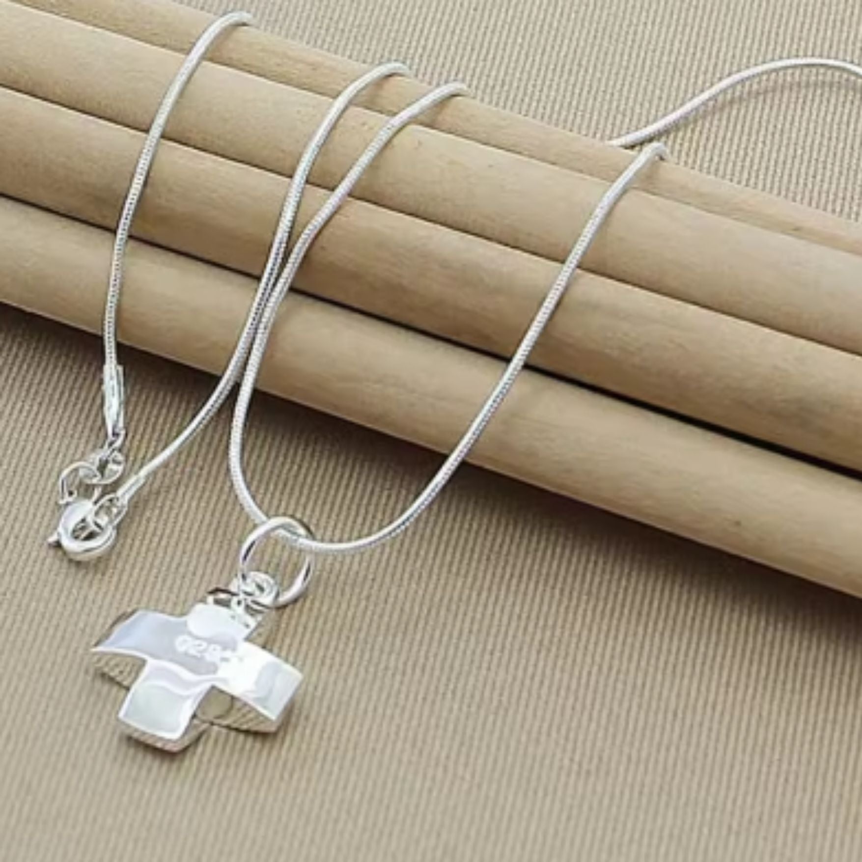 Chunky Cross Necklace and Pendant in Stirling Silver 46cm long Australian Silver Jewellery Front View