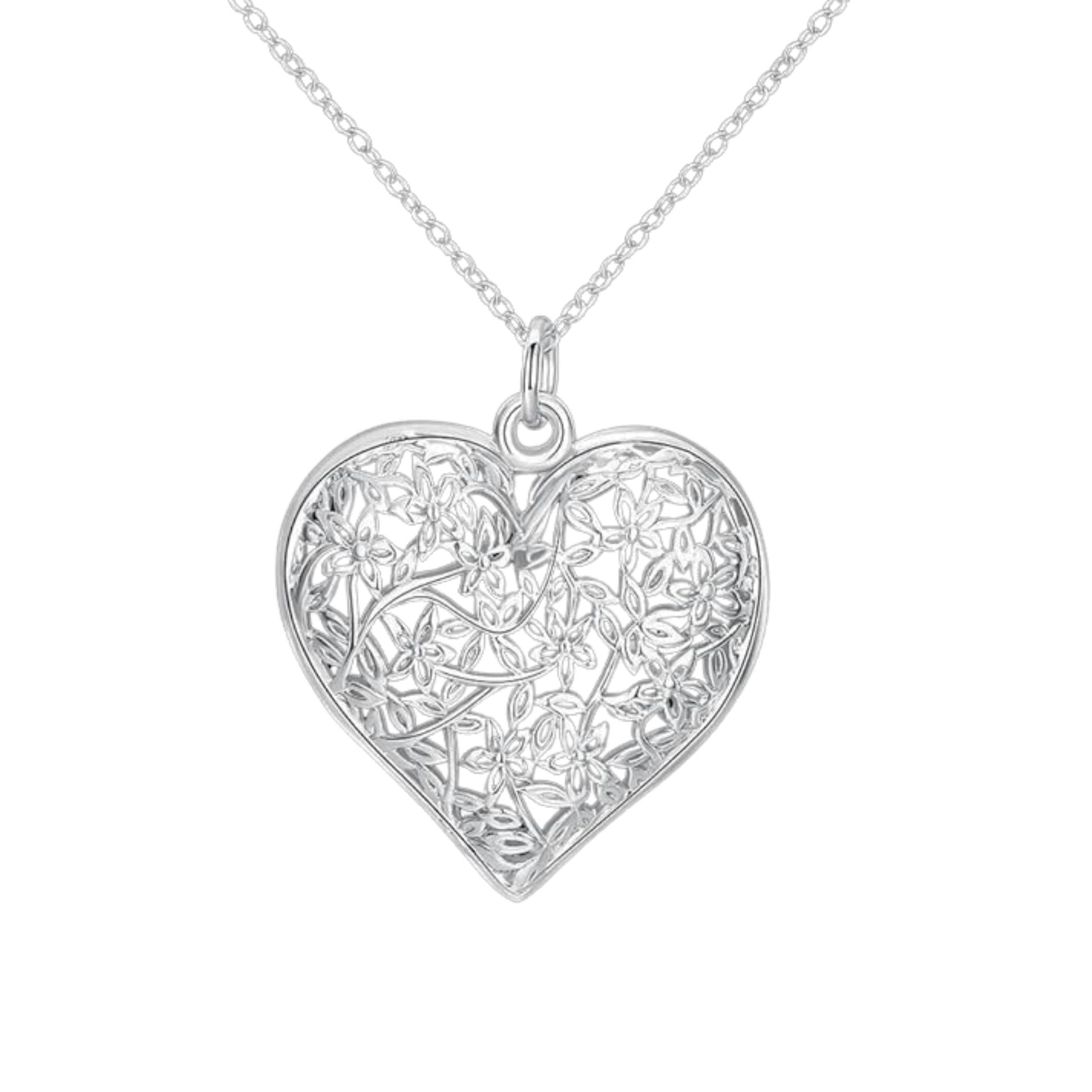 Love Heart Pendant Necklace with Intricate Floral Detail Front View in Sterling Silver