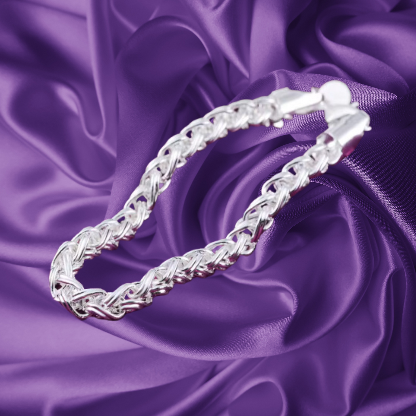 sophisticated Infinity weave bracelet 2 on purple silk front view made of Sterling Silver 925