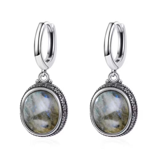 Labradorite Stone 925 Sterling Silver Earrings Antique Design Front View