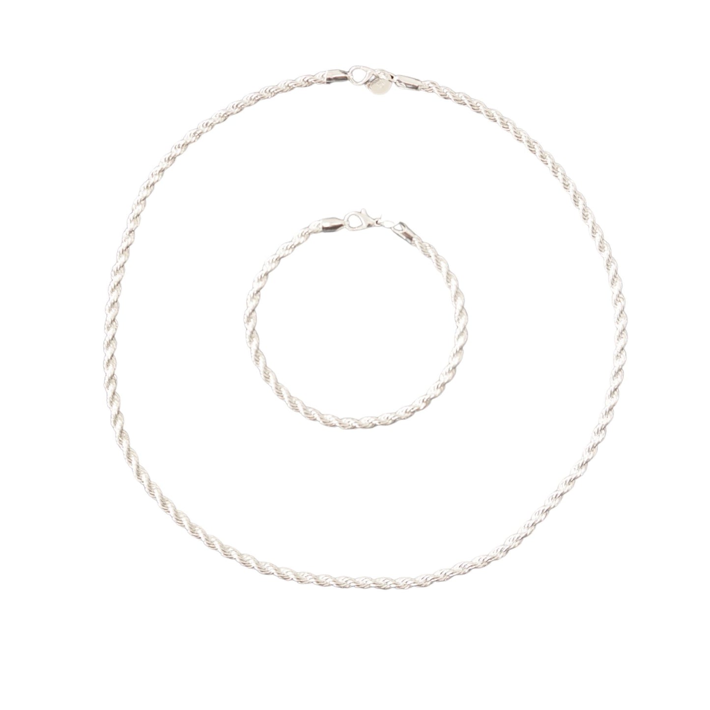 Rope Silver Set with Necklace and Silver Bracelet Entwining Silver Rope Necklace Front View