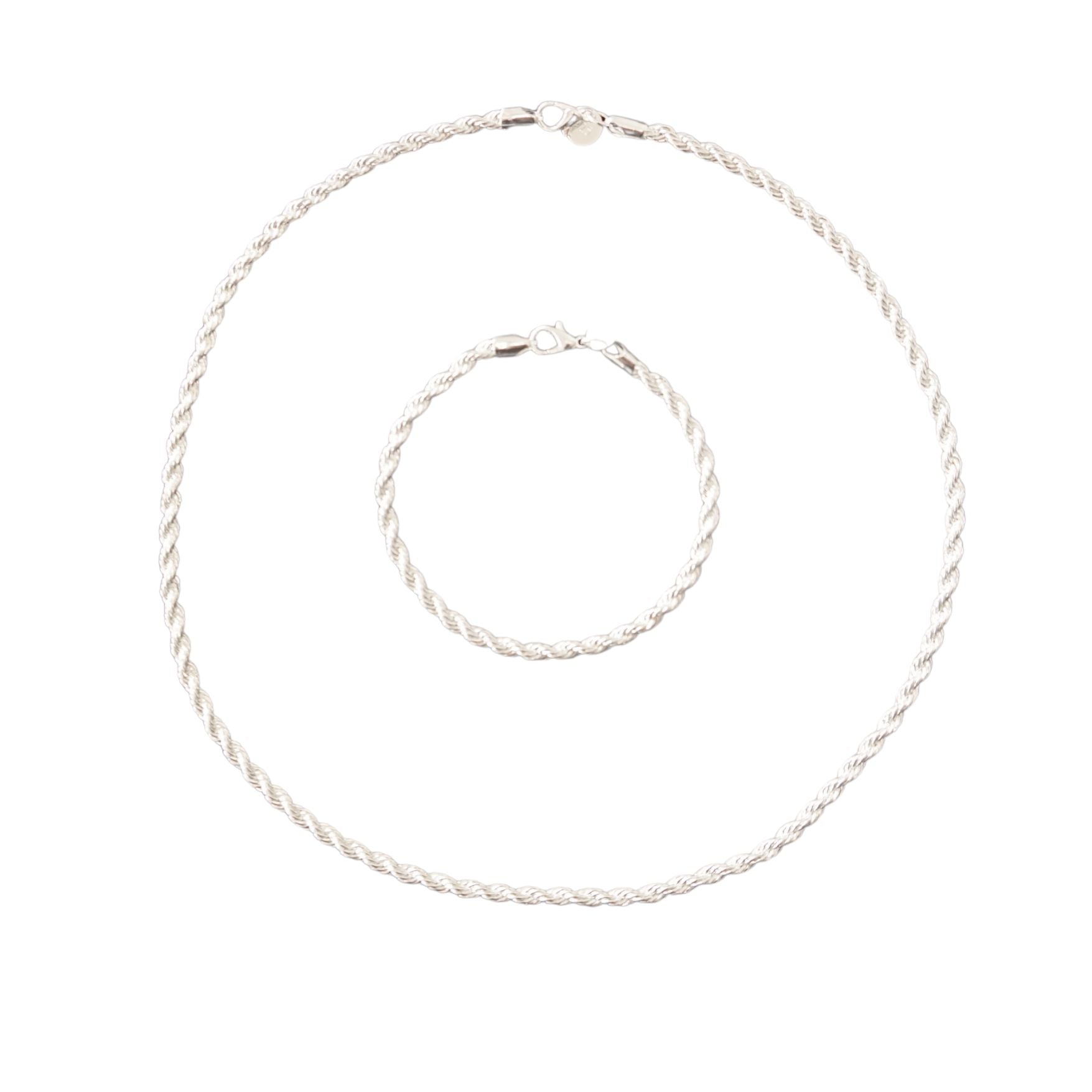 Rope Silver Set with Necklace and Silver Bracelet Entwining Silver Rope Necklace Front View