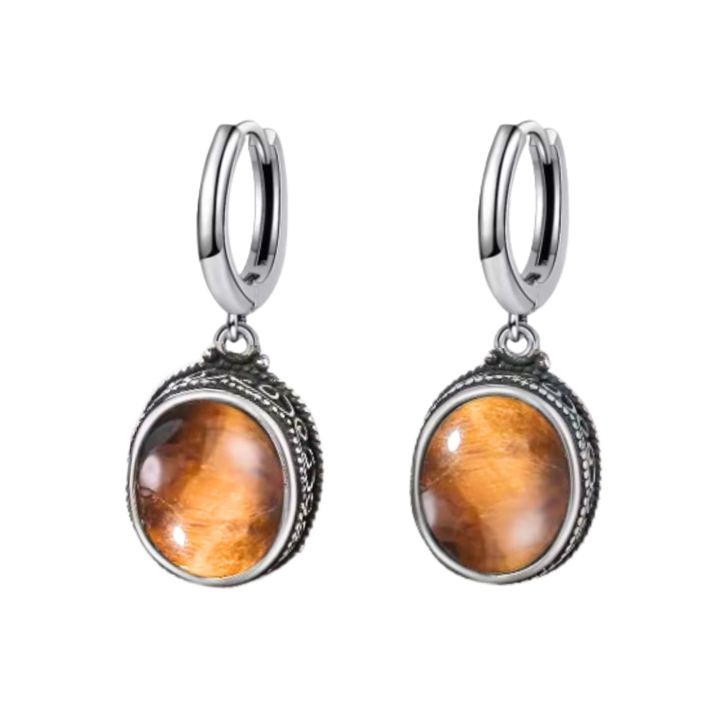 Tiger Eye Antique Sterling Silver Earrings 925 Elegance Drop Front View