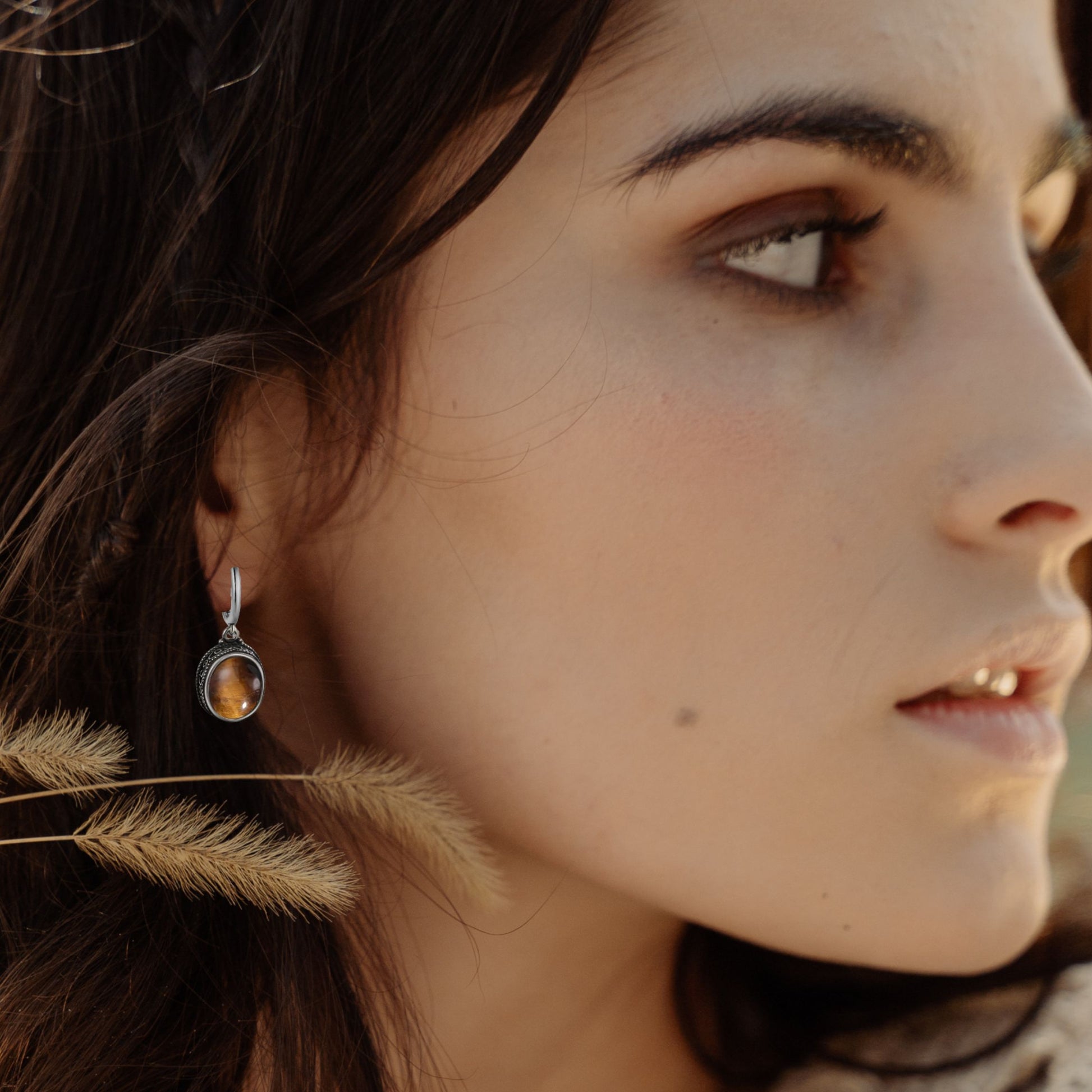 Wearing Tiger Eye Antique Style Earrings in Sterling Silver - Australia