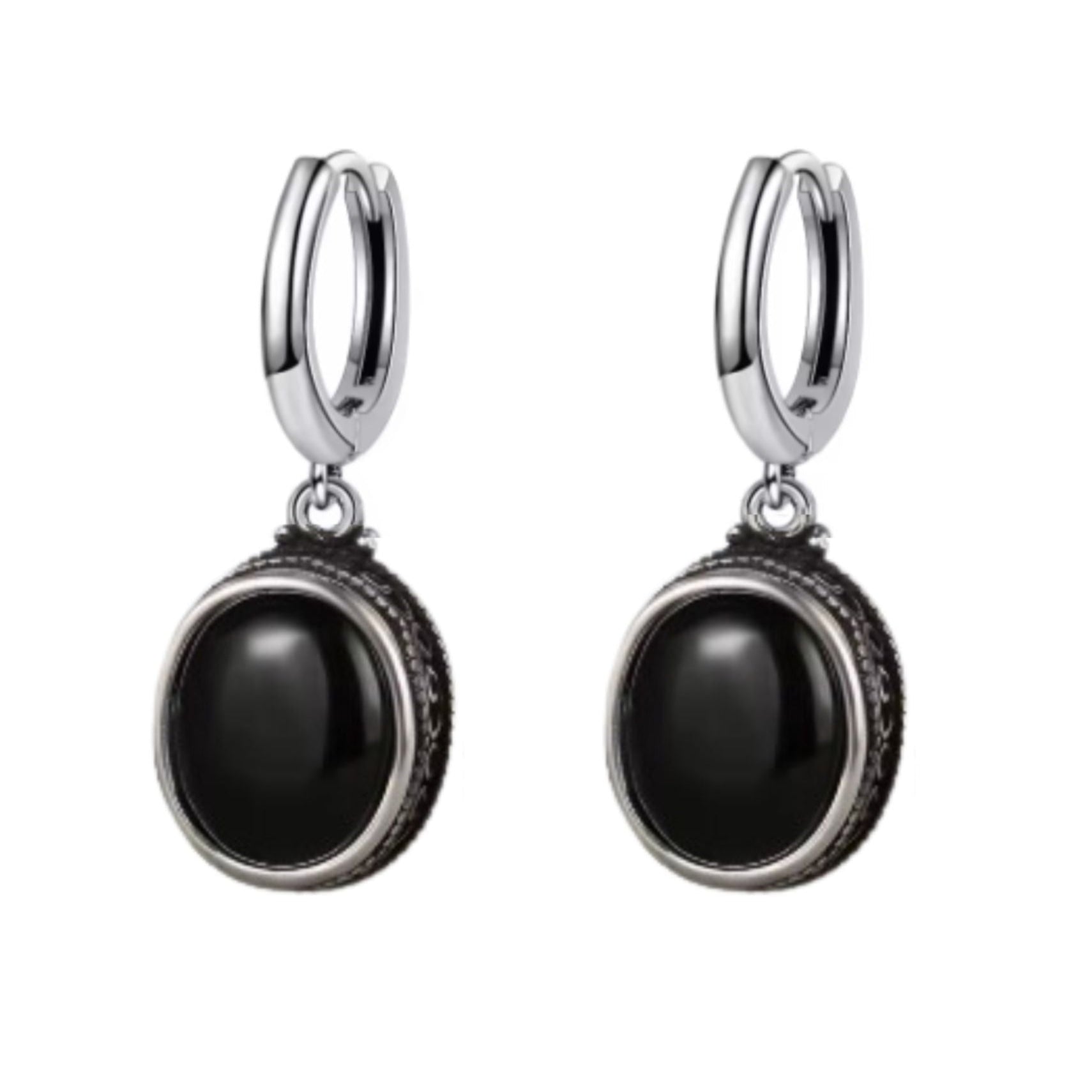 Black Agate Antique Style Drop Earrings in Sterling Silver 925 - Front View