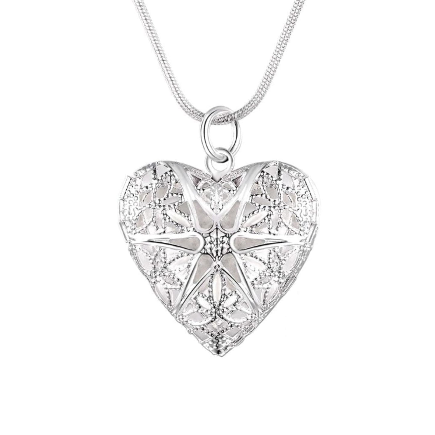 Heart locket pendant with chain necklace front view intricate detail in sterling silver 925