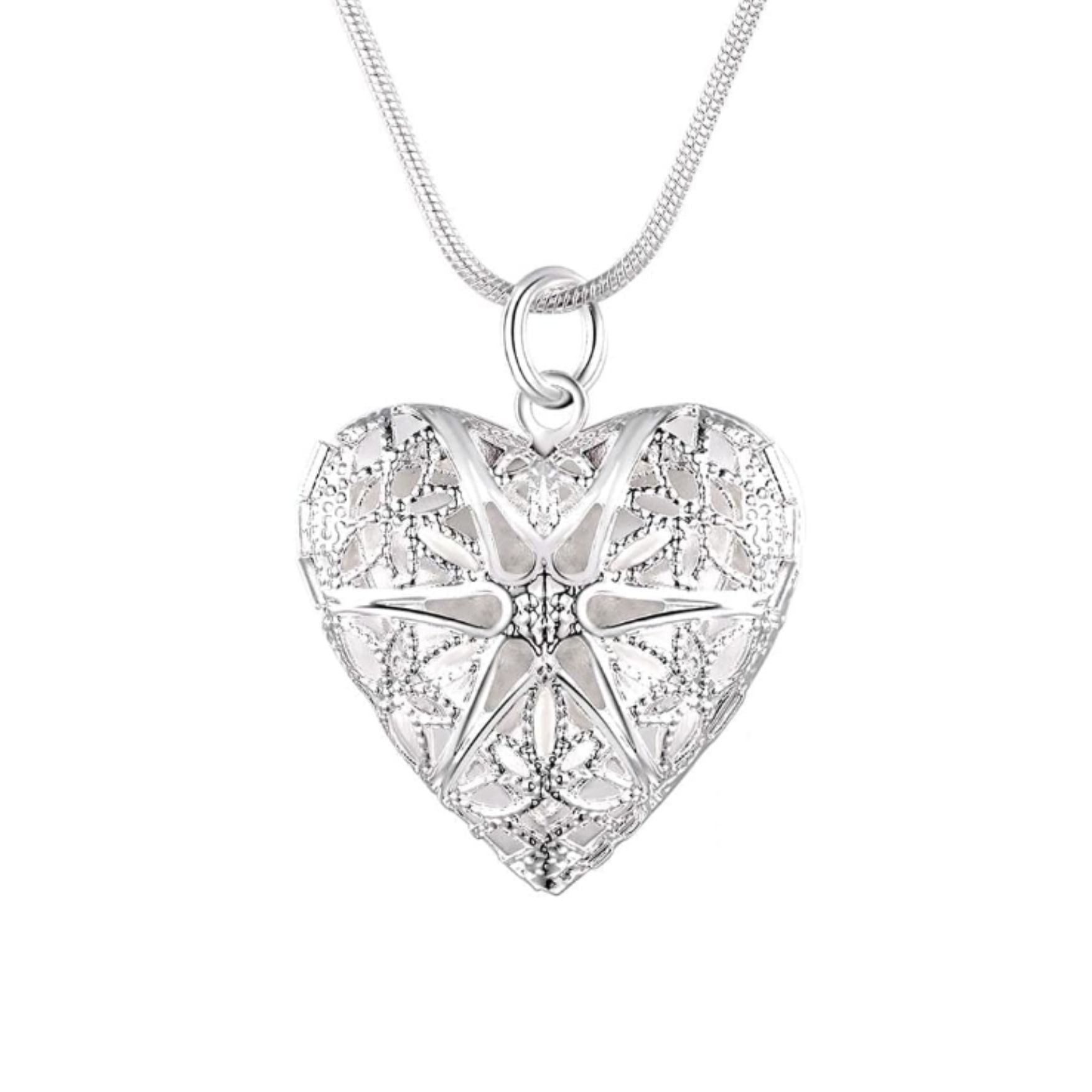 Heart locket pendant with chain necklace front view intricate detail in sterling silver 925