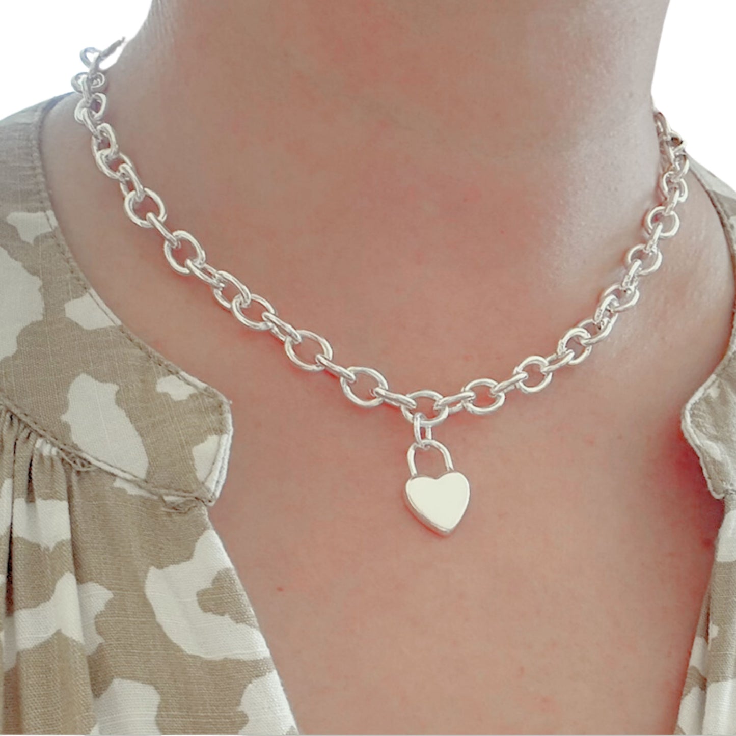 Sterling Silver Chunky Chain and Heart Pendant in 925 Tiffany Style