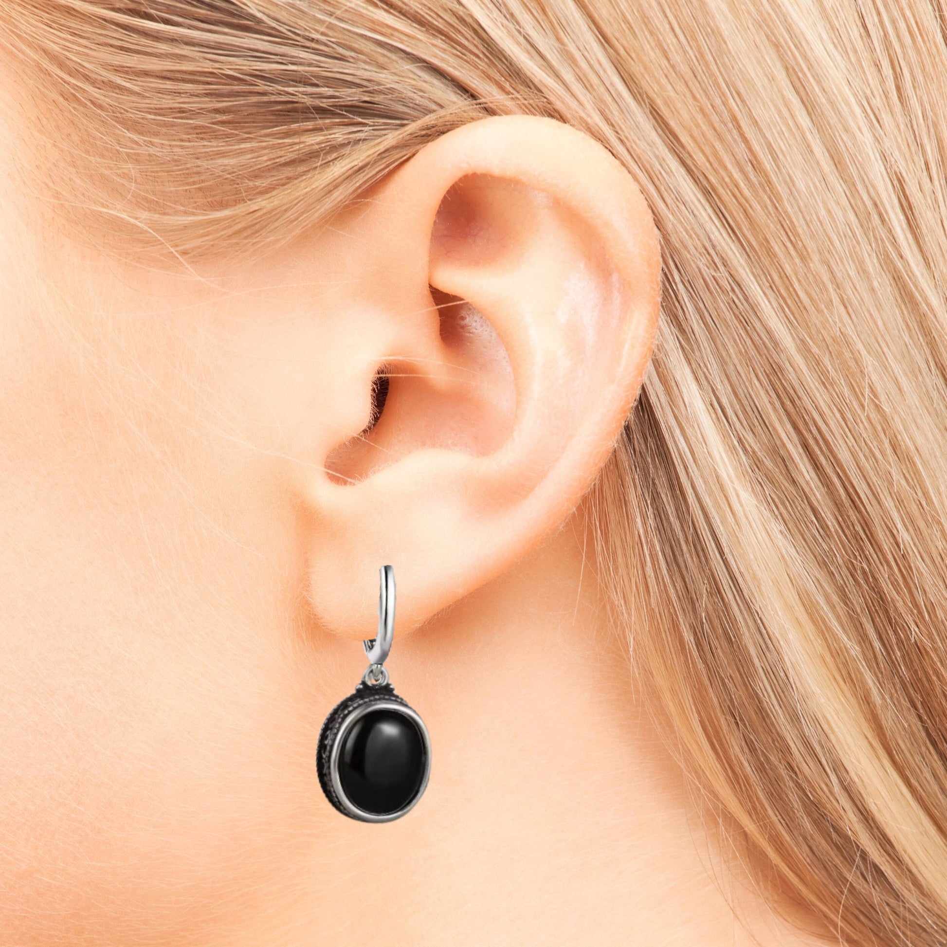 Black Agate Elegance Drop Earrings in Sterling Silver 925 - Wearing View 